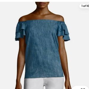 ALICE + OLIVIA Loryn Denim Chambray Off Shoulder Blouse Size XS